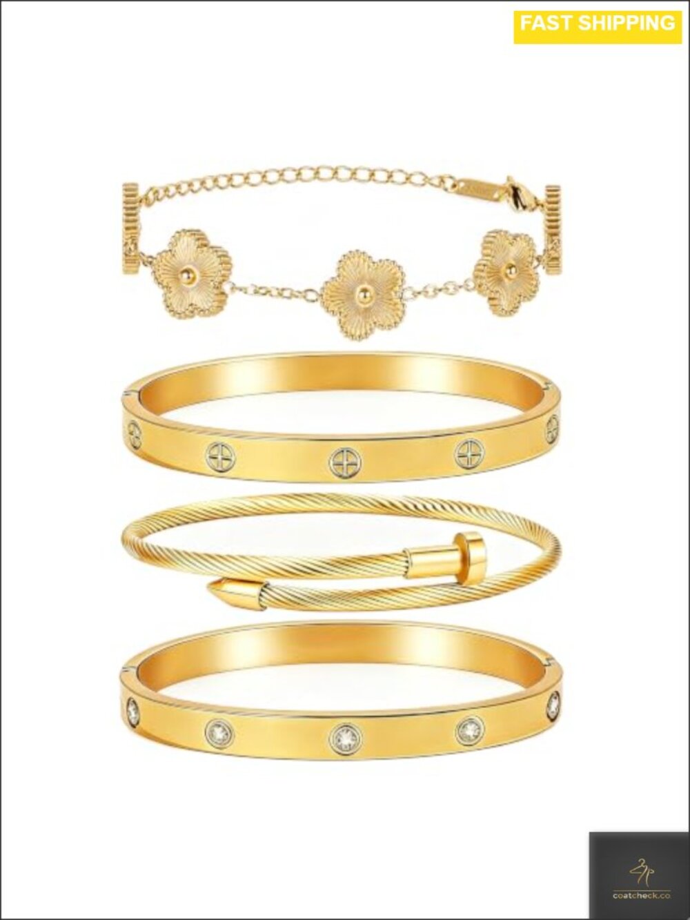 18K Gold Plated Stackable Floral Bangle Bracelet Set